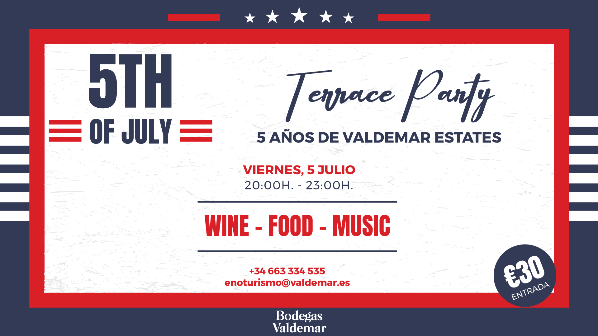 Celebra el 5º aniversario de Valdemar Estates el 5 de julio en Terraza Valdemar. Vino, comida y música en directo cerca de Logroño. ¡No te lo pierdas!