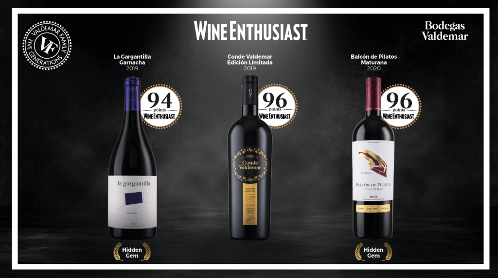 Wine Enthusiast reconoce los vinos de Rioja de Bodegas Valdemar, destacando Balcón de Pilatos, Conde Valdemar y La Gargantilla.